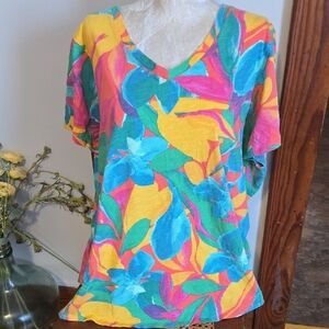 Tahari Multicolor Floral V-Neck Short Sleeve Top Size 2x